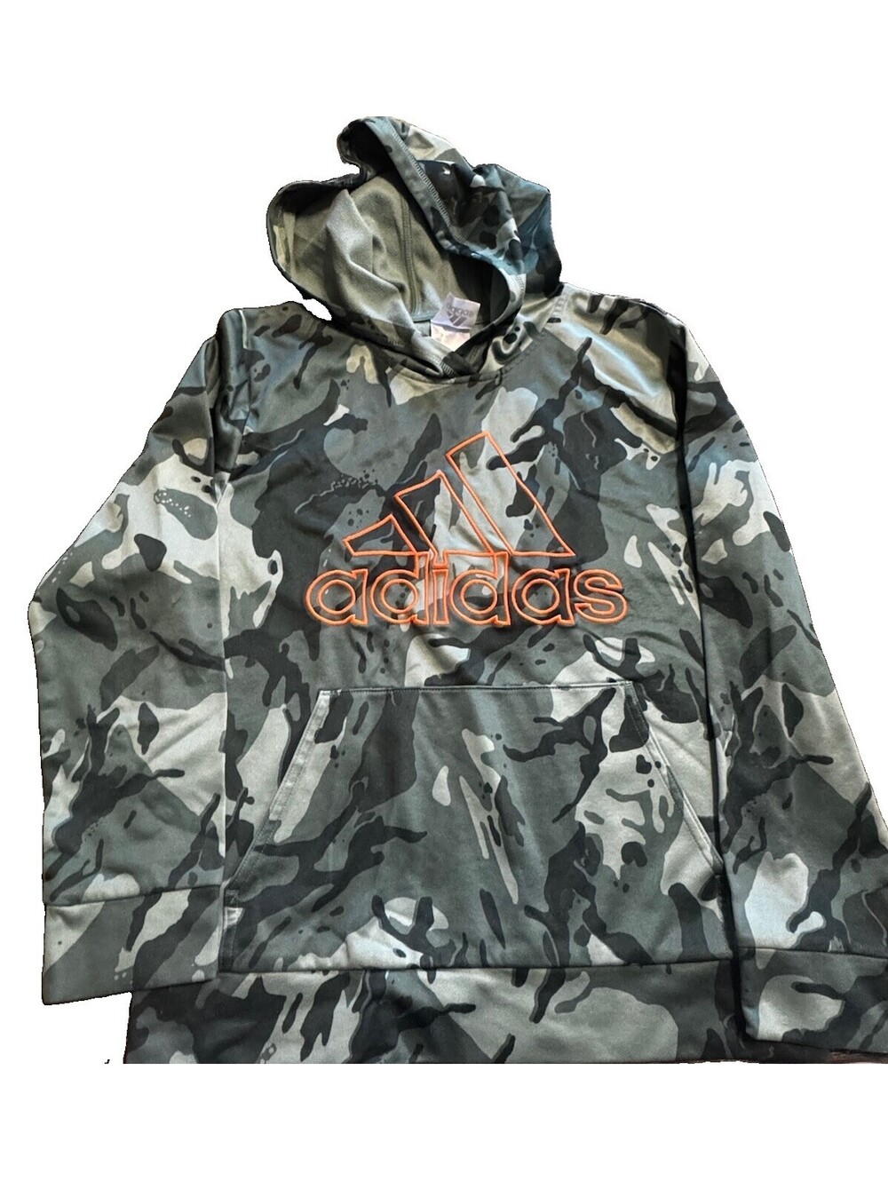 Adidas Boys M 10/12 Core Camo Hoodie Green Gray Orange Logo Pullover Youth